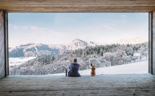 Person sitzt mit Hund auf einer Aussichtsplattform