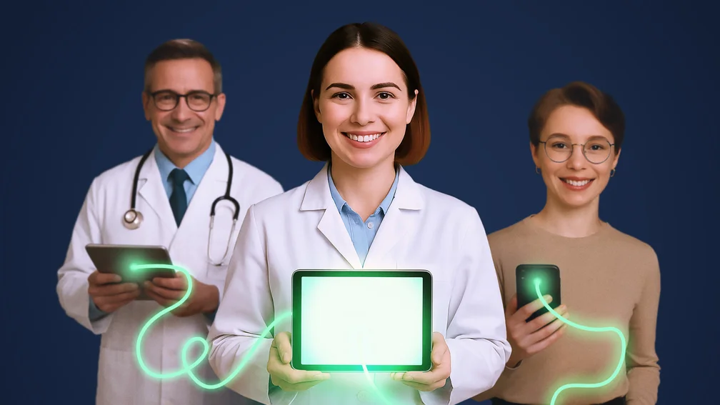 Arzt, Apothekerin und Patientin mit Tablets und Mobiltelefon