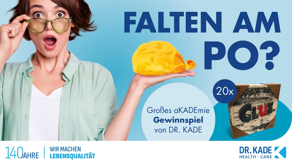 Ansicht einer Frau, die einen gelben Luftballon hält und Hinweis auf ein Gewinnspiel von Dr. Kade