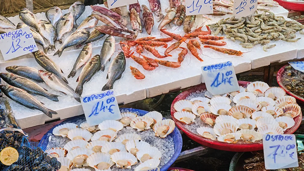 verschiedene Fische und Meeresfrüchte auf Eis an einem Marktstand in Neapel, Italien