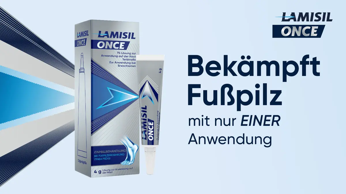 Produktabbildung der Lamisil Once Fußpilzbehandlung mit Verpackung und Tube.