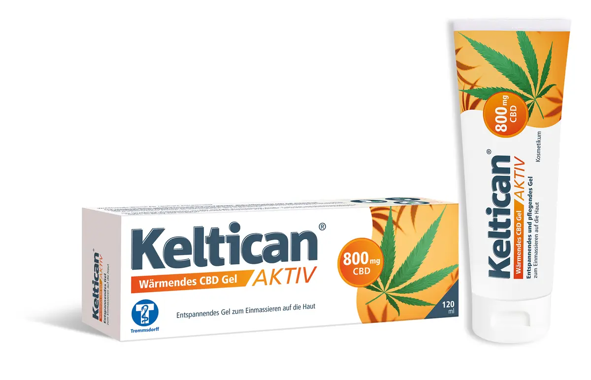 Packshot weiß-orange/gelb mit Cannabisblatt - Aufschrift: Keltican® aktiv Wärmendes CBD Gel