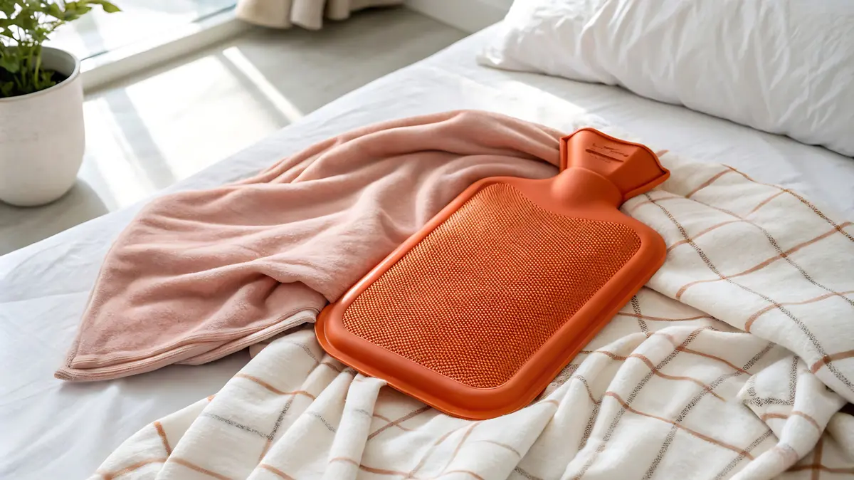 rote Wärmflasche liegt auf dem Bett, zwei Decken liegen herum