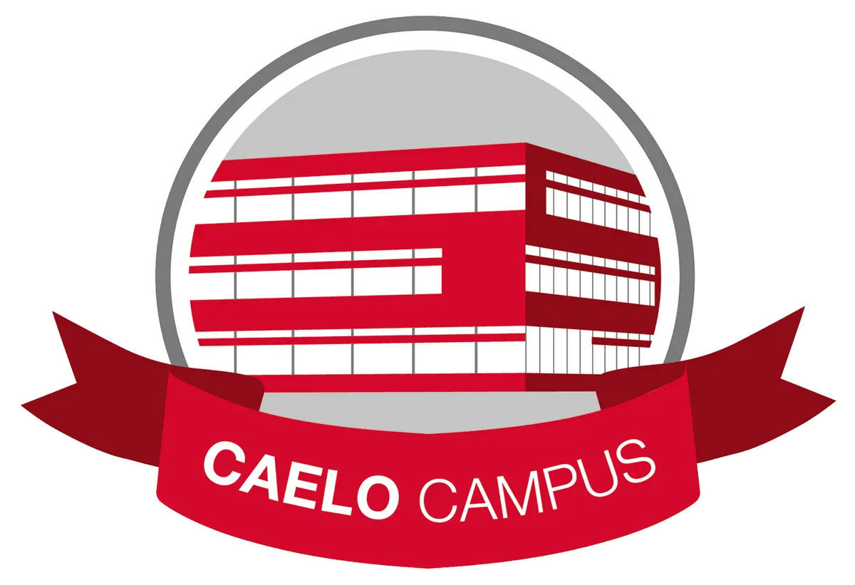 Caelo Campus Logo mit Gebäude und Banner in rot-grau-weiß