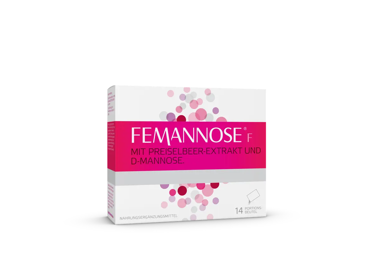 Packshot weiß-pink Femannose Granulat zum Einnehmen