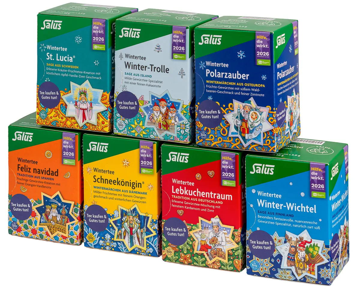 Packshot Salus Weihnachtstee verschiedener Teesorten Winteraktion