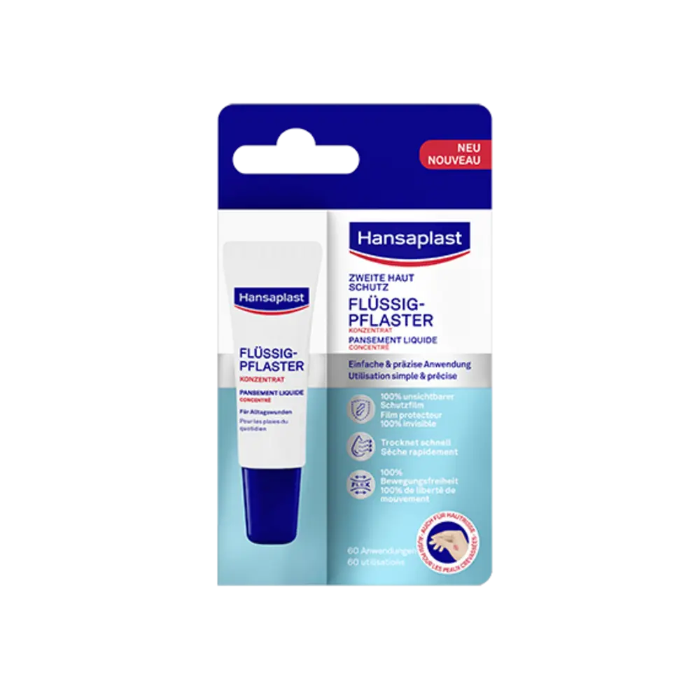 Blau-weiße Verpackung der Firma Hansaplast mit einer Abbildung des neuen Produktes Hansaplast Flüssig-Pflaster Konzentrat