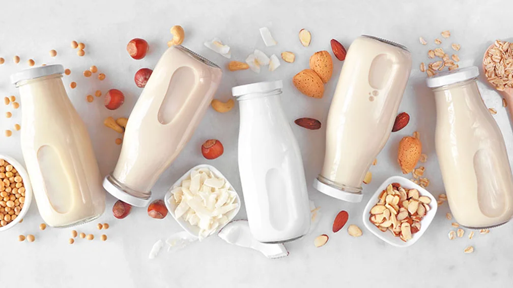 Fünf Flaschen mit Pflanzendrinks und Kuhmilch neben Schalen mit Nüssen