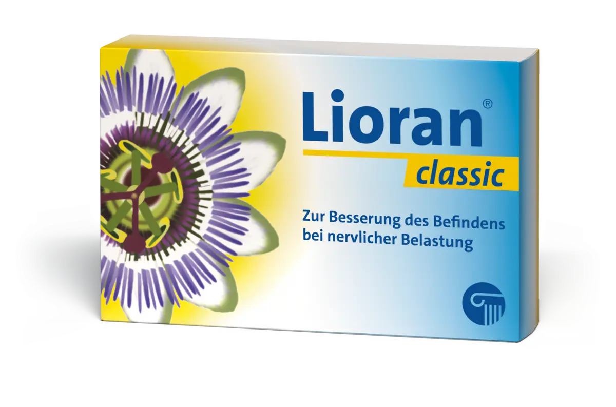 Das gelb-blaue Arzneimittel mit der Aufschrift Lioran classic ist abgebildet, links auf der Schachtel ist eine Passionsblume aufgedruckt