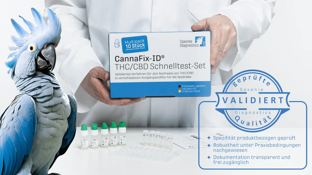 Kollage mit Text und Händen, die einen Packshot von CannaFix-ID® in den Händen halten. Links ist ein blauer Papagei zu sehen. 