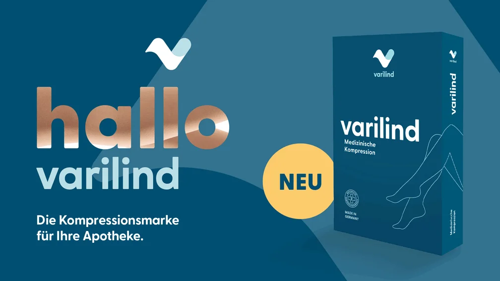 Text: "Hallo Varilind. Die Kompressionsmarke für Ihre Apotheke." Danebene agebildet: "Neu" auf gelben Hintergrund mit der Produktverpackung von Varilind