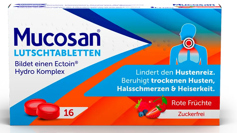 Blau-weiß-orangene Schachtel mit der Aufschrift Mucosan Lutschtabletten