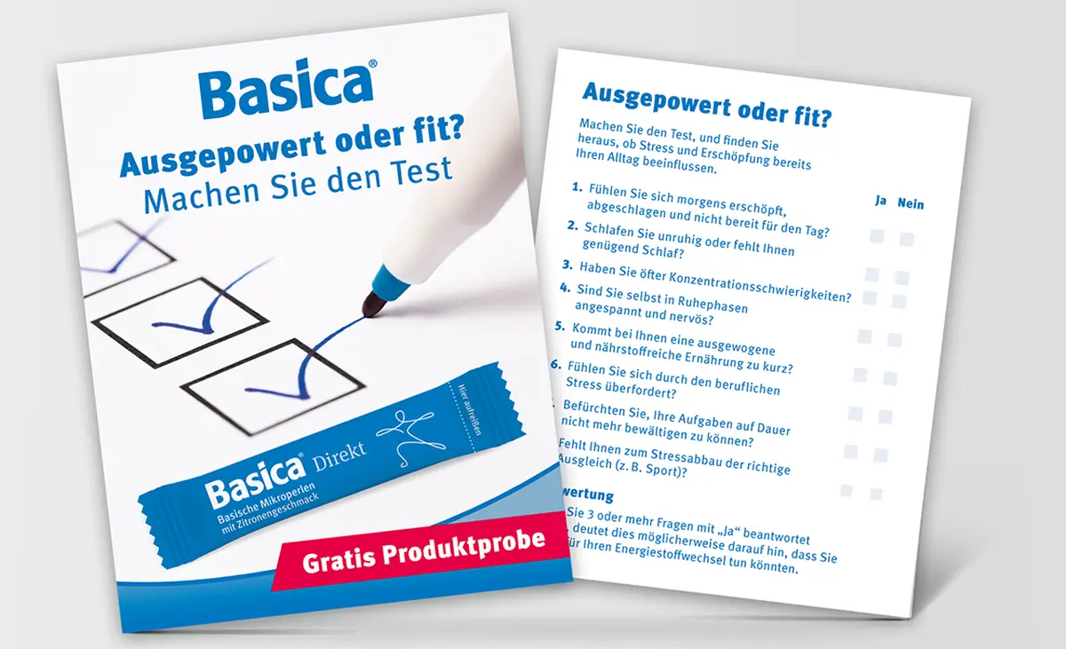 Vorder- und Rückseite einer Basica-Direkt-Probenkarte mit der Aufschrift „Ausgepowert oder fit? Machen Sie den Test!“