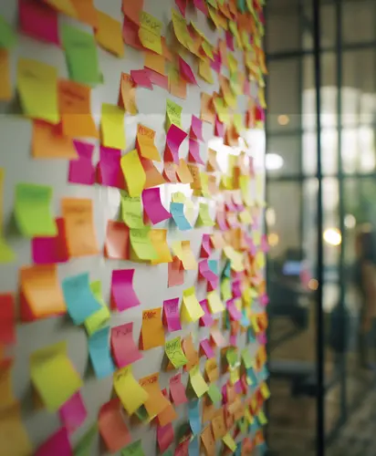 viele bunte Post-its kleben an einer Wand