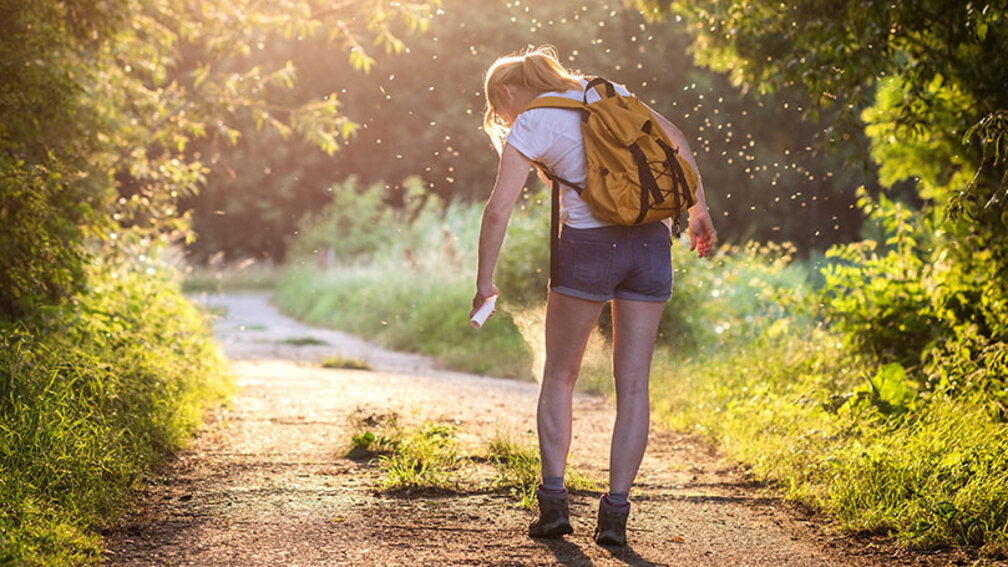 Wanderin auf Waldweg sprüht Mückenschutz auf ihre nackten Beine