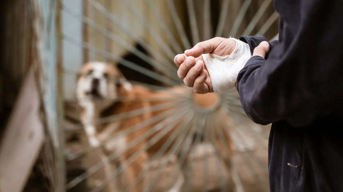 Mann hält Hand mit Binde darum gewickelt fest; im Hintergrund steht ein Hund