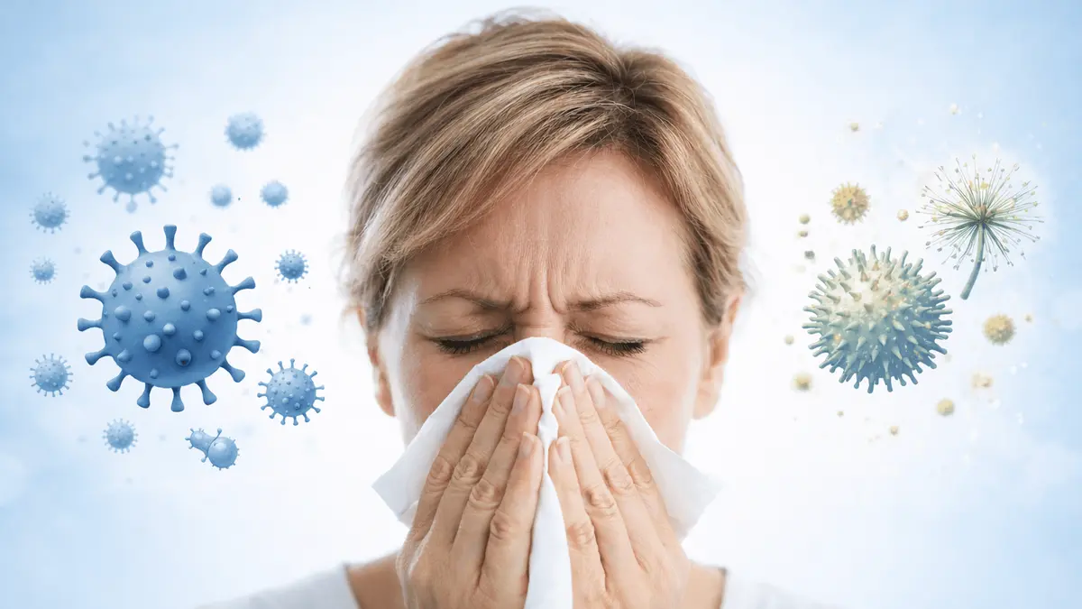 KI-generierte Abbildung einer Frau die sich die Nase putzt. 