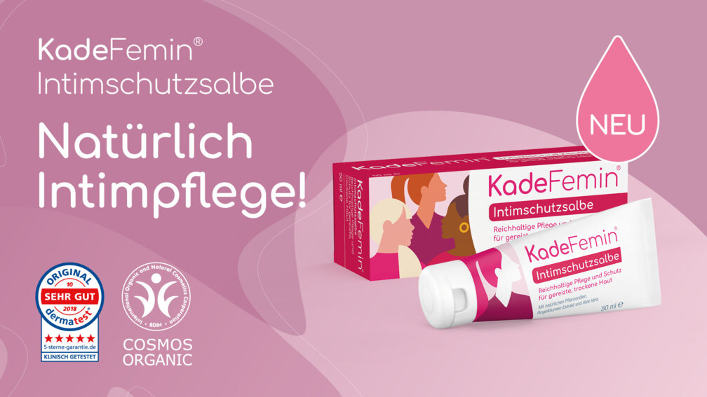 Packshot KadeFemin® Intimschutzsalbe auf rosa Hintergrund