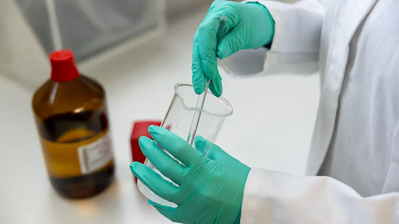 Zwei Hände in grünen Gummihandschuhen rühren mit Glasstab in Becherglas