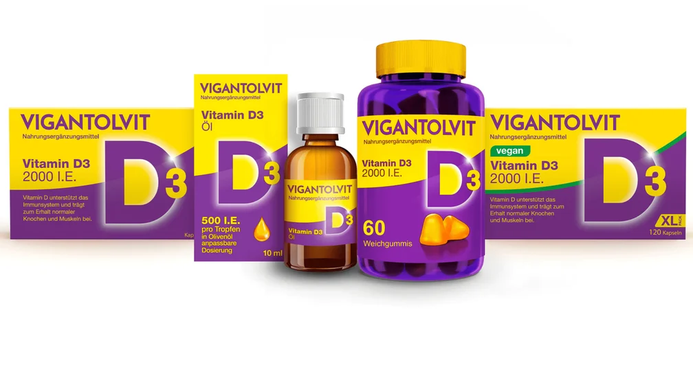 Packshots der unterschiedlichen Vigantolvit Vitamin D3 2.000 I.E. Produkte