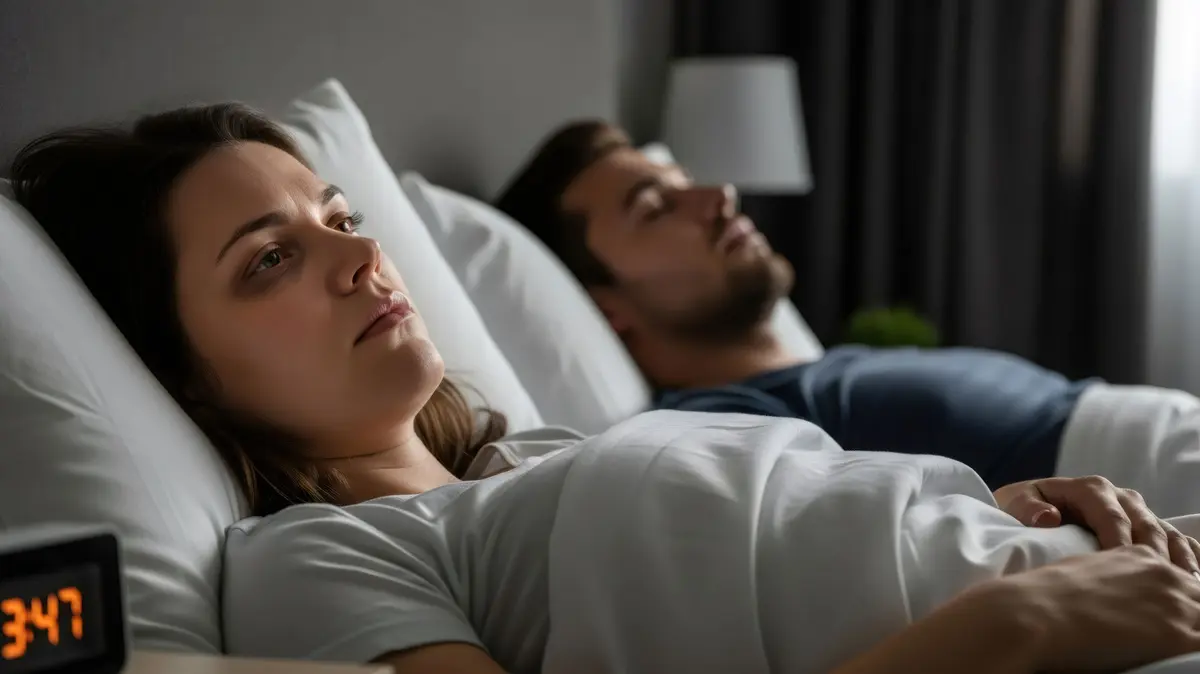 Paar liegt nebeneinander im Bett; Mann schläft und Frau ist wach