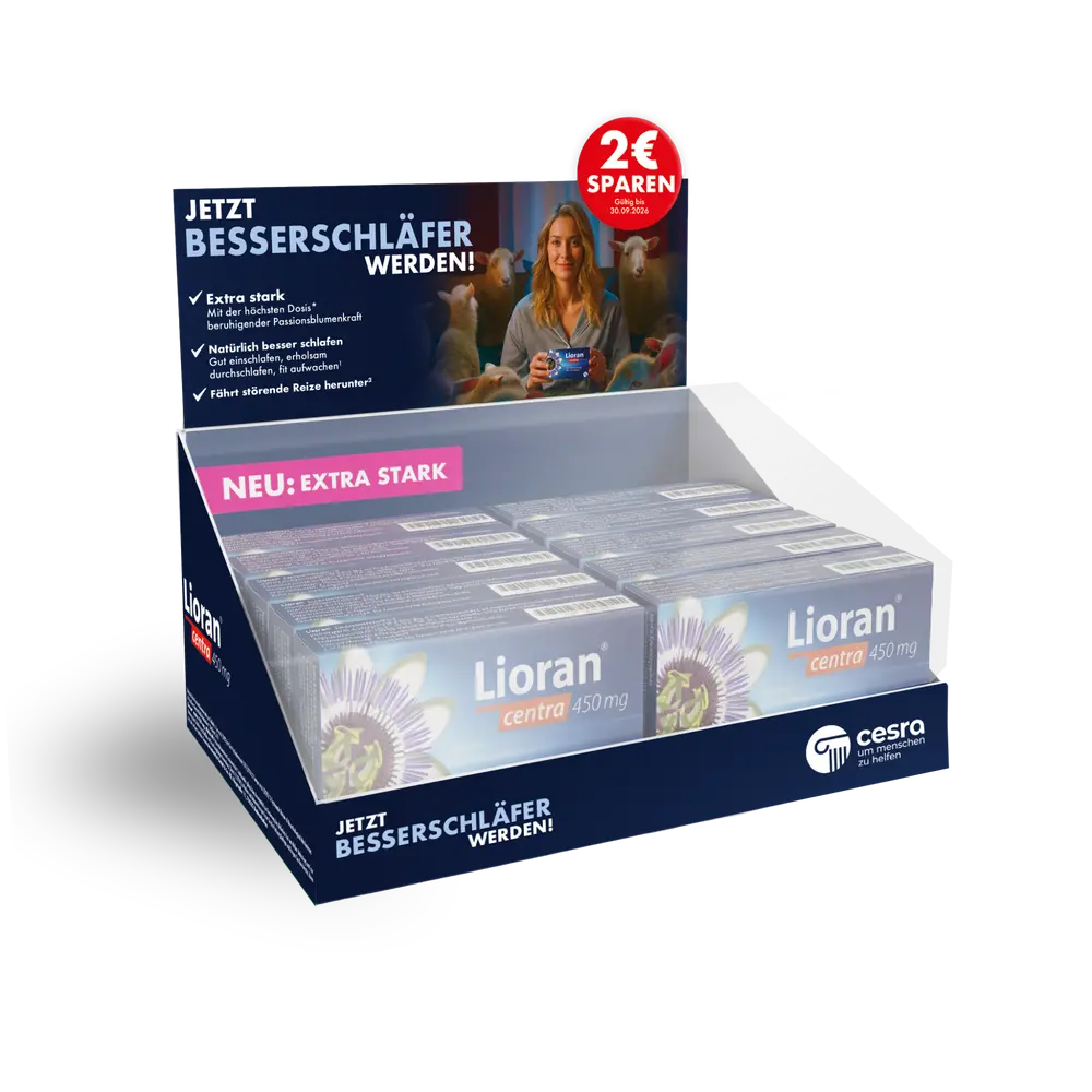 Dunkelblaues Apothekendisplay des Produktes Lioran® centra 450 mg