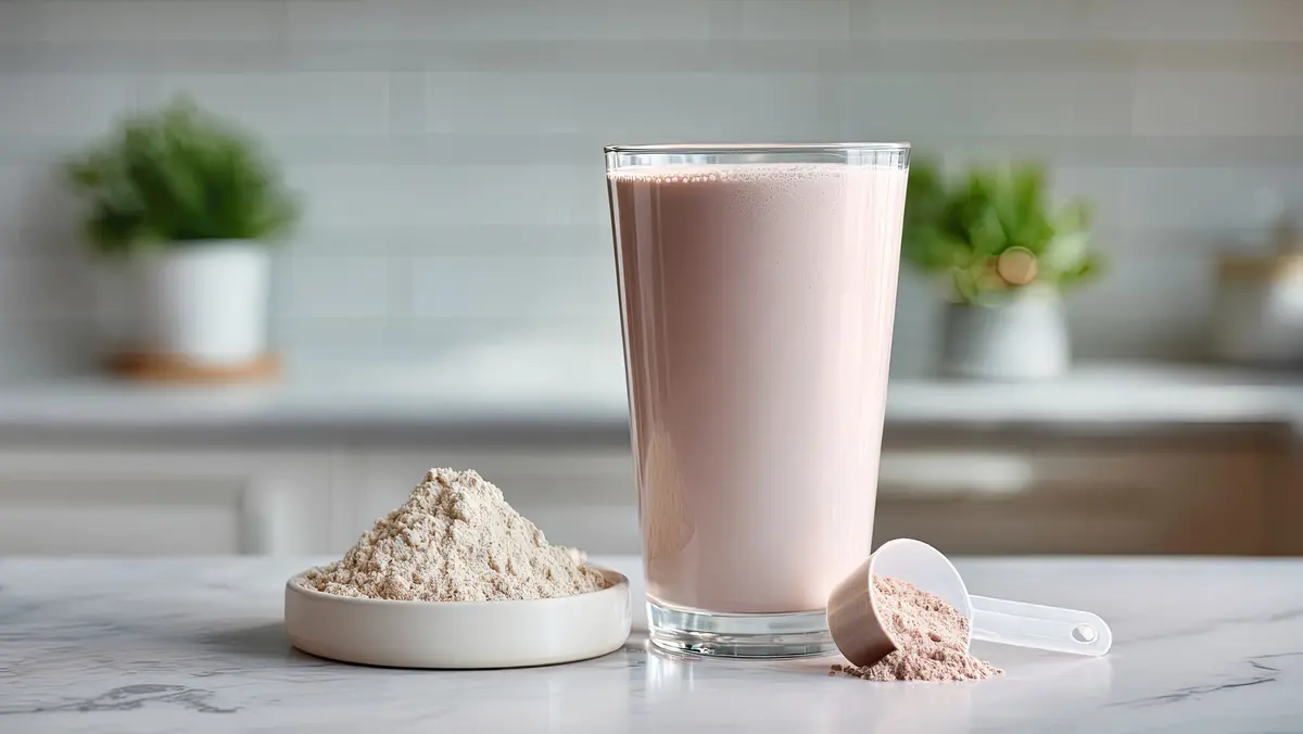 Protein-Shake steht auf dem Tisch, daneben liegt der abgeschraubte Deckel und ein Löffel die jeweils mit Proteinpulver befüllt sind