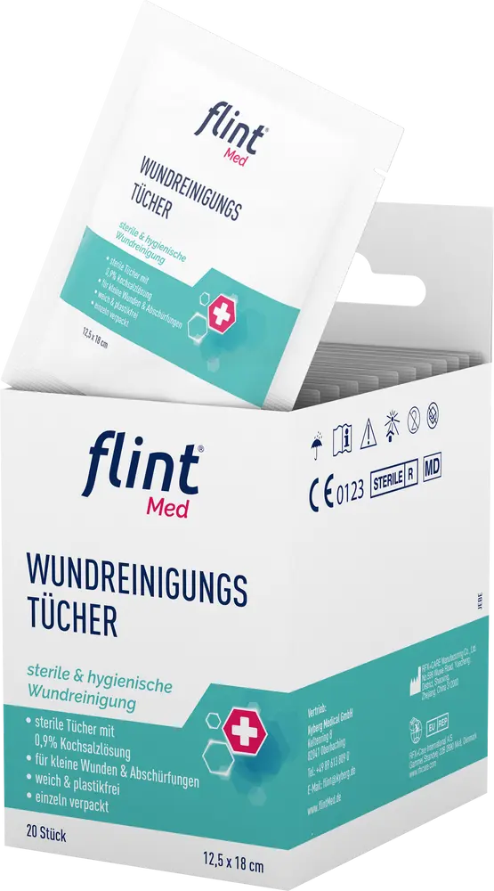 weiß-türkisener Packshot des neuen Medizinprodukts Wundreinugungstücher