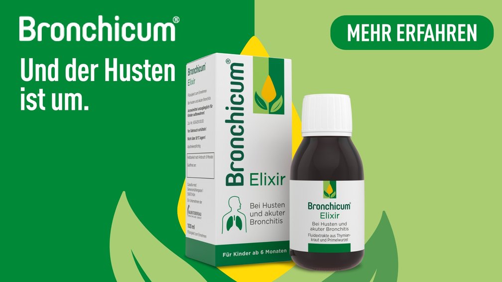 Packshot Bronchicum Elixir auf hell- und dunkelgrünem Hintergrund