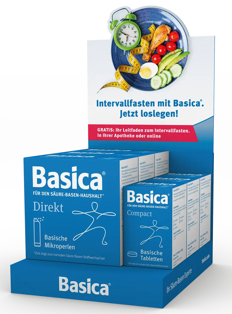Blauer HV-Display von Basica mit der Aufschrift: „Intervallfasten mit Basica, jetzt loslegen!“