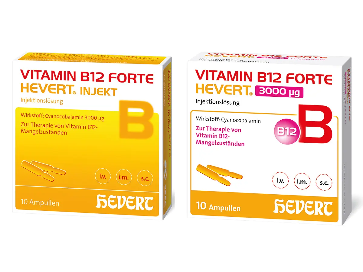 zwei Verpackungen von Vitamin B12 Hevert Ampullen im Vergleich