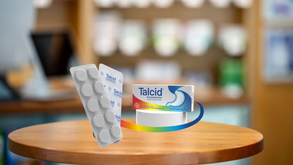 Verpackung und zwei Blister von Talcid auf HV-Tisch