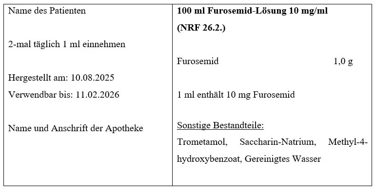 Beispiel-Etikett für 100 ml Furosemid-Lösung