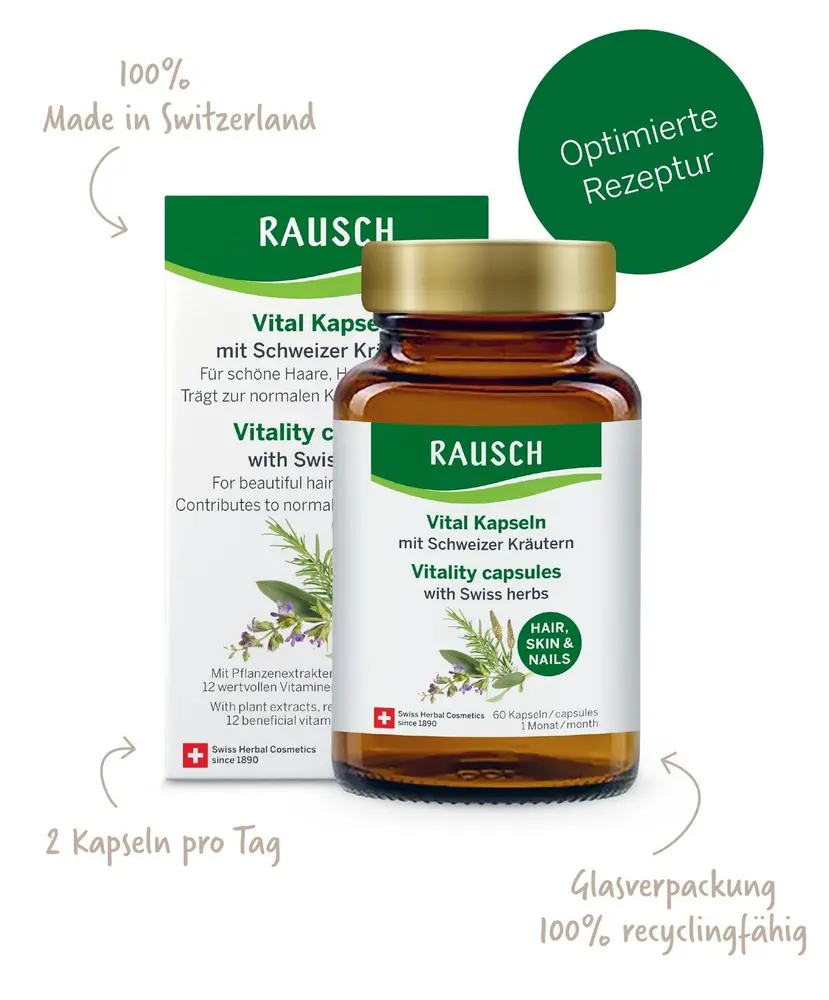 Packung und Glasverpackung von Rausch Vital Kapseln