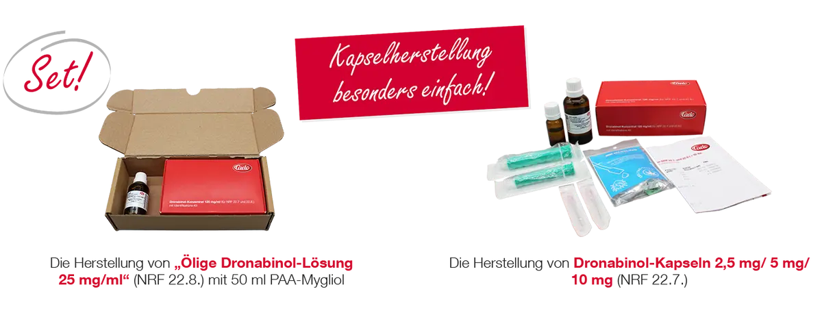 Es ist eine Produktübersicht des Dronabinol-Konzentrats der Firma Caelo zu sehen. Links abgebildet ist Hersteller-Set für die ölige Dronabinol-Lösung und rechts das Set zur Herstellung der Dronabinol-Kapseln mit Lösung und steril verpackte Spritzen sowie Kanülen