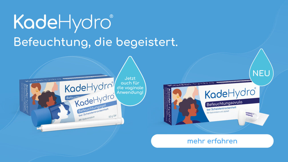 Packshot KadeHydro® Befeuchtungsgel und KadeHydro® Befeuchtungsovula auf hellblauem Hintergrund