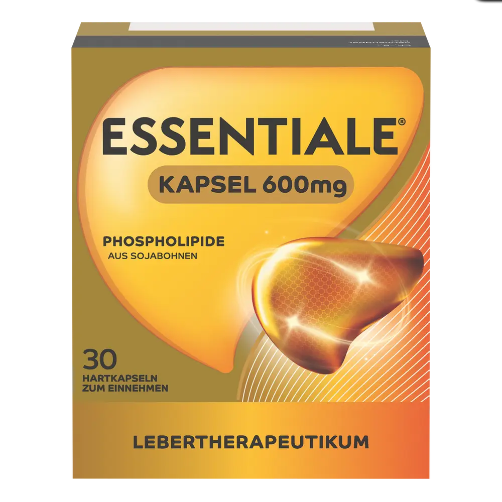 gelb-orangener Packshot des Produkts Essentiale Kapsel 600mg