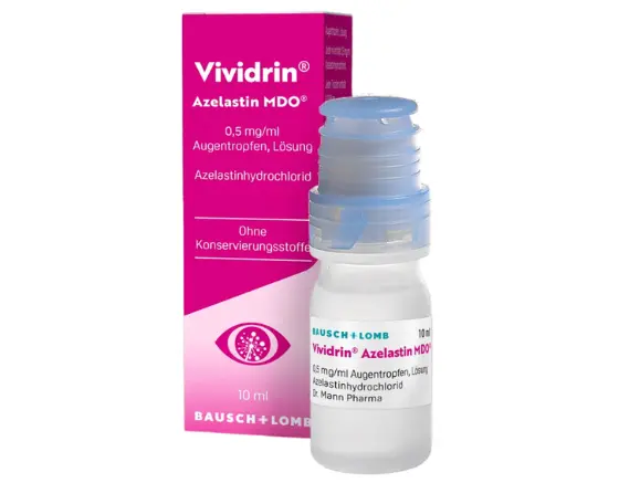 Packshot einer Vividrin Azelastin MDO Augentropfflasche mit Leerschachtel