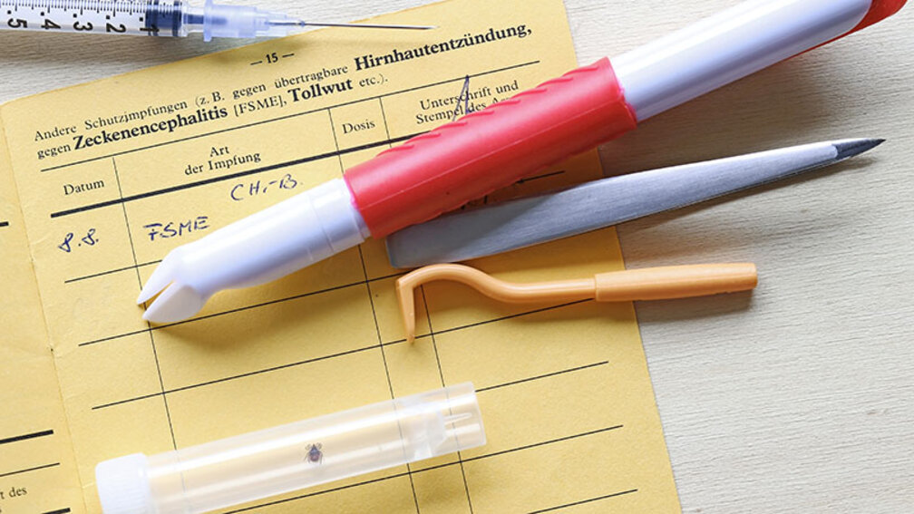 Impfpass, Zeckenzange, Spritze und eine Zecke in einem Plastikröhrchen