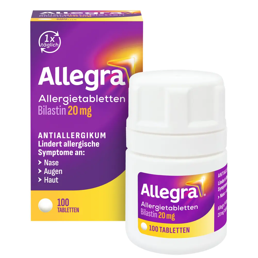lila-gelbes Packshot von Allegra Tablettendose