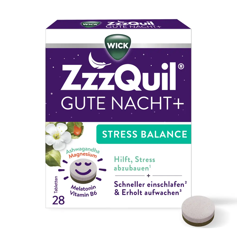 weiß-lila Packshot mit Aufschrift ZzzQuil Gute Nacht + Stress Balance