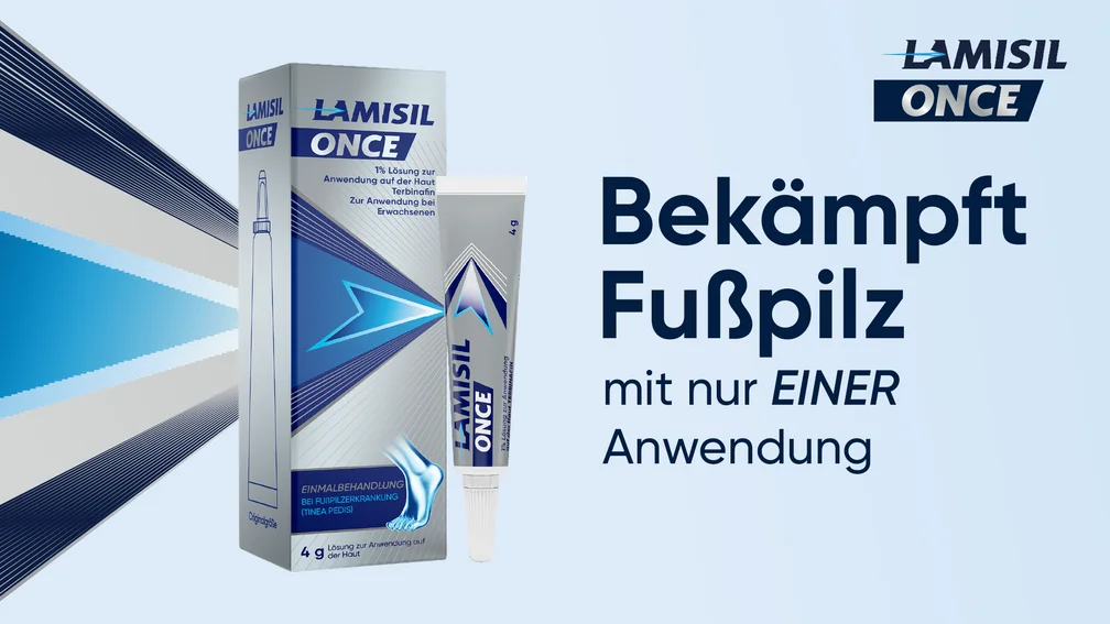 Produktabbildung der Lamisil Once Fußpilzbehandlung mit Verpackung und Tube.