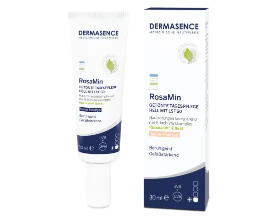 Dermasence Tagespflege-Tube links im Bild und rechts die Umverpackung mit derselben Aufschrift