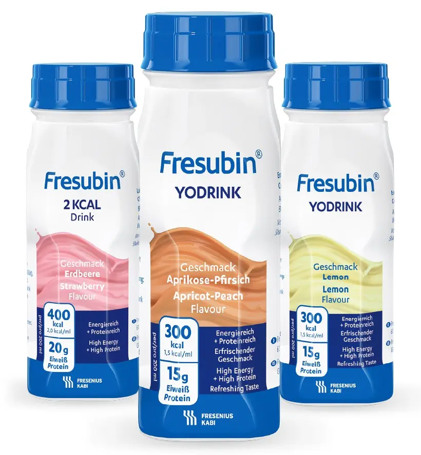 Packshot Fresenius Kabi Yodrink drei verschiedener Geschmacksrichtungen