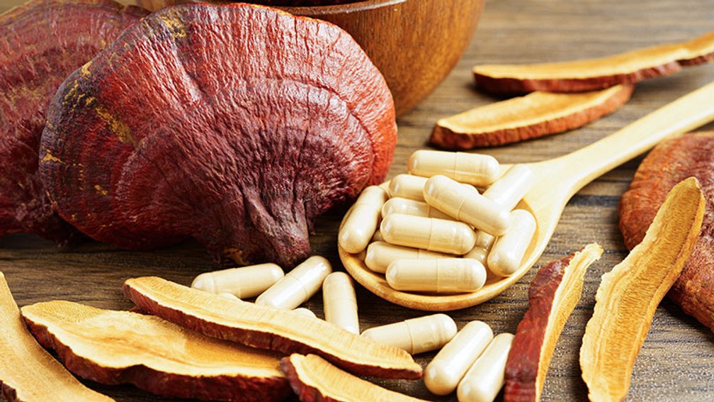 Reishi-Pilz neben Kapseln auf einem Holzlöffel