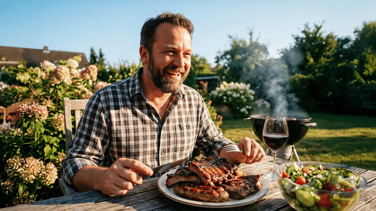 Mann mit Grillzange wendet Fleisch auf Grill
