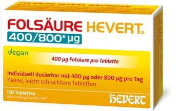 Gelber Packshot Folsäure Hevert 400/800 µg