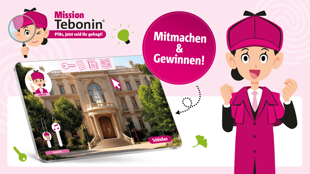 Junge Detektivin im Cartoonstil steht neben Abbildung eines Hause